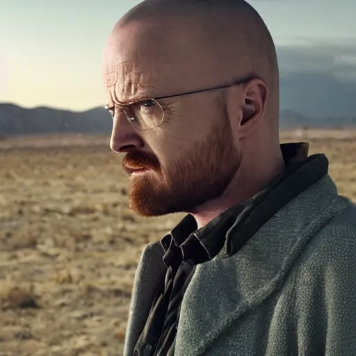 Image similar to Live Action Still of Aaron Paul dressed as and playing Walter White in Breaking Bad, real life, hyperrealistic, ultra realistic, realistic, highly detailed, epic, HD quality, 8k resolution, body and headshot, film still