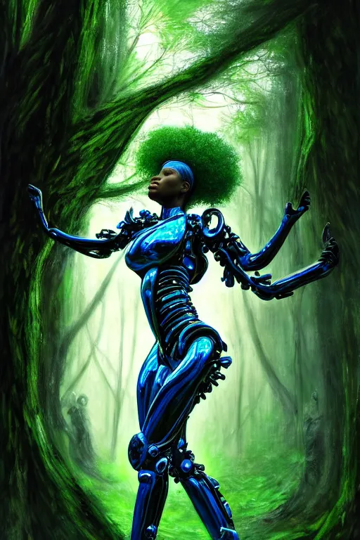 Image similar to hyperrealistic neo - baroque super expressive! black woman with exoskeleton armor, merging with tree in a forest, highly detailed digital art masterpiece smooth cam de leon eric zener dramatic pearlescent blue green light ground angle hd 8 k sharp focus