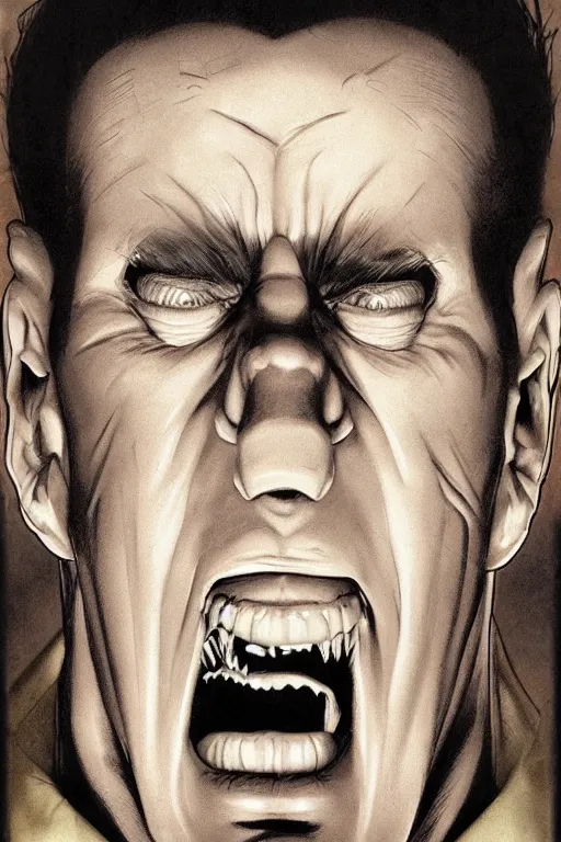 Image similar to aesthetic digital portrait of a handsome young man with a sinister grin by brian bolland, rachel birkett, alex ross, and neal adams | dark, intimidating, imposing, portrait, character concept, concept art, unreal engine, finalrender, centered, deviantart, artgerm