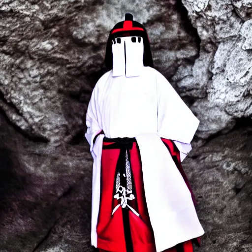 Image similar to samurai cloaked in white with swords, standing in light beam of a dark cave, ruby red sorrow, high quality, ultra detail,