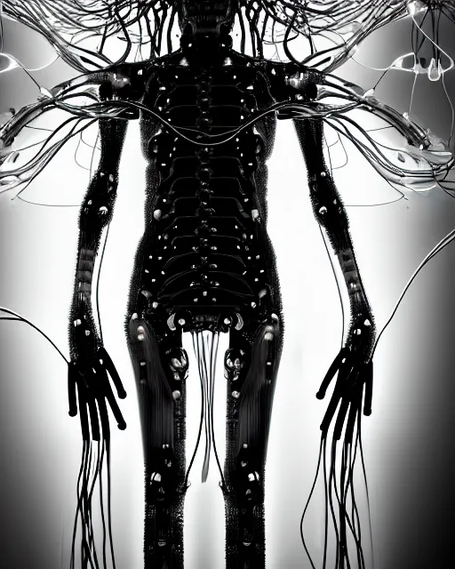 Image similar to black and white young cyborg-human-jellyfish-plant goddess high quality photo, microchip, artificial intelligence, bio-mechanical bio-luminescence, black wired cables, neurons, nerve cells, octane render, cinematic, rim light, hyper realism, photo-realistic, high detail, 8k, masterpiece, high fashion, in the style of H.G. Giger