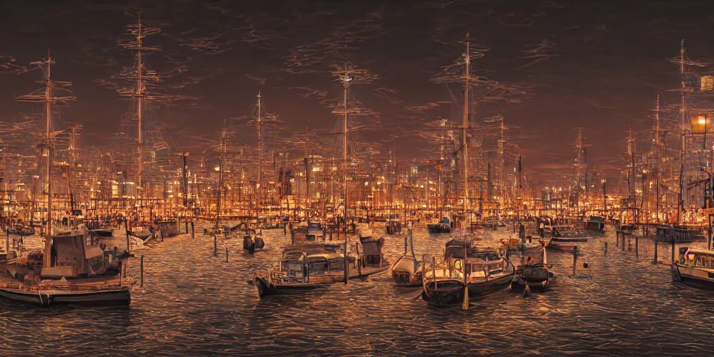 Image similar to photorealistic image of a japanese harbor at midnight, beautiful lighting, extremely intricate, hyper detailed, hd, masterpiece