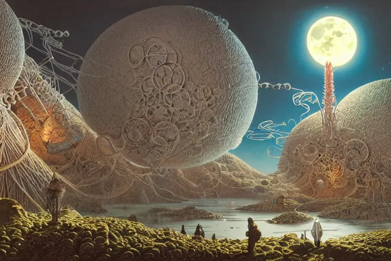 Image similar to a surreal and awe - inspiring science fiction landscape made of food, egg full moon, intricate, elegant, highly detailed matte painting by ernst haeckel and simon stalenhag