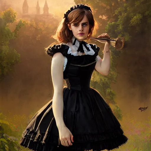 Image similar to highly detailed painting of emma watson wearing a black cat lolita maid dress, stephen bliss, 8 k, by greg rutkowski, artgerm, loish, rhads, global illumination, detailed and intricate environment