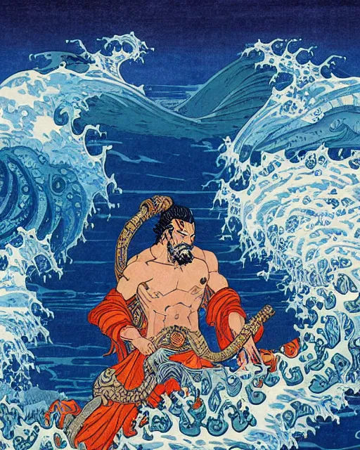 Image similar to royal king of the ocean poseidon world of warcraft god by hokusai and james gurney