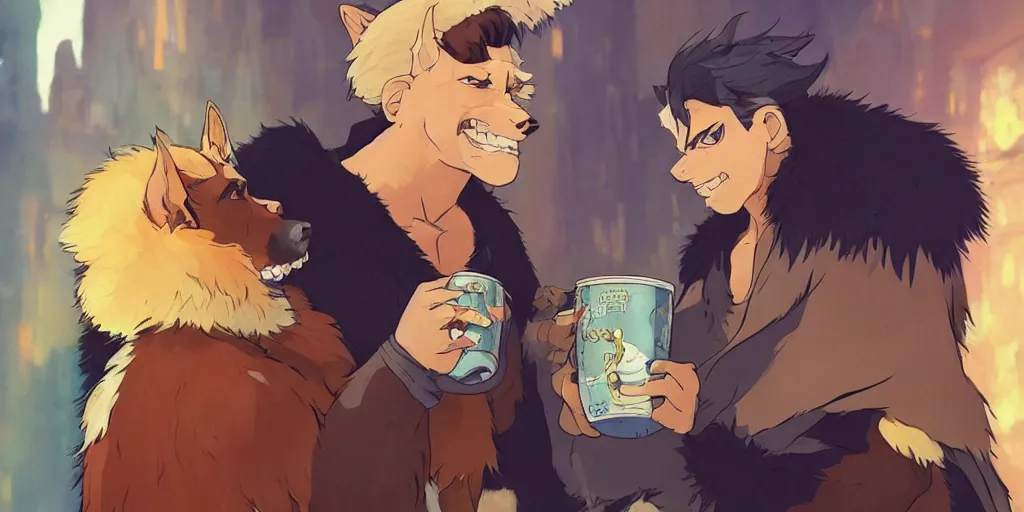 Image similar to a two muscular german shepherds beast - men, holding a mug of beer, a lot of pockets, fur cape, tavern background, magical, bright, colorful, fantastic lighting, amazing details, 4 k uhd, illustration by hayao miyazaki and makoto shinkai and ilya kuvshinov, artstation, pixiv,