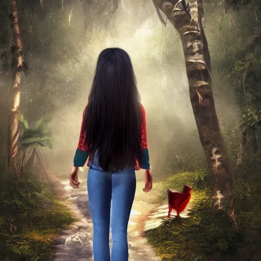 Image similar to kena bridge of spirits, 3 d character zbrush, hispanic girl using tight white and red raglan sleeves, tight blue jeans and cool shoes, silky long black hair with bangs in a tropical forest, artstation