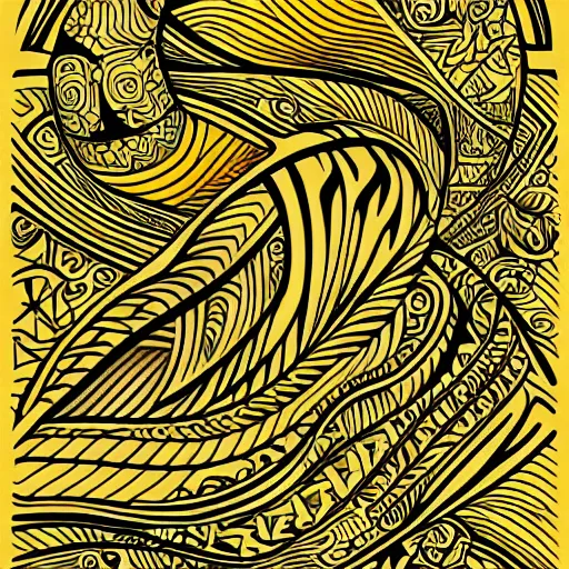 Prompt: tattoo sketch of a ocean, on a yellow canva, maori, ornamental, line art, vector,