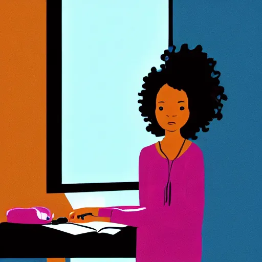 Image similar to black girl, curly hair, with headphones, studyng in bedroom, window with rio de janeiro view, lo-fi illustration style, digital art, alive colors