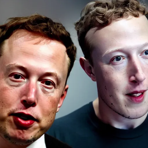 Image similar to elon musk showing mark zuckerberg mark's long last eyebrows. cinematic 8 k, depth of field