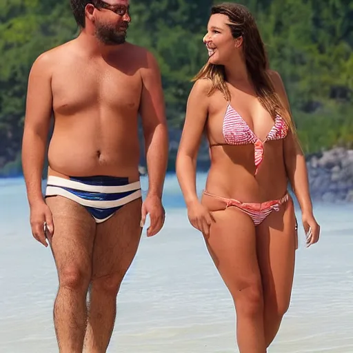 Prompt: 4 0 year old man that looks young for his age that seems to attract young women. a 2 1 year old woman in a bikini can be seen at his side.