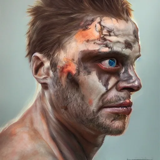 Image similar to realistic portrait painting w. ith hysterical bts member as mad max, made by michelangelo, physical painting, sharp focus, digital art, bright colors, fine art, trending on artstation, unreal engine.