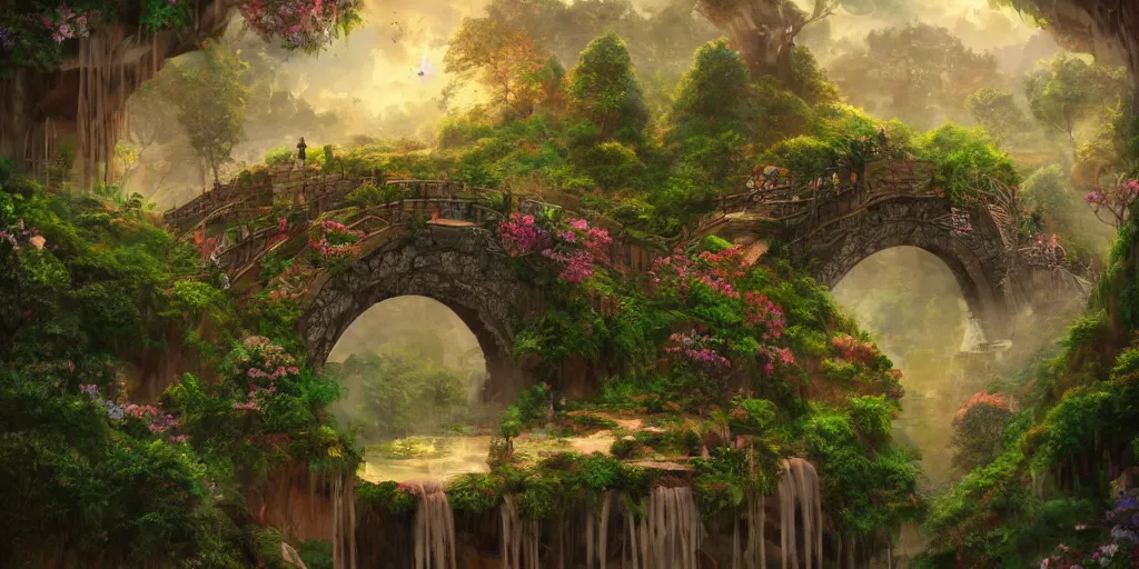 Image similar to a beautiful nature civilization, fancy, flowers, bridges, nature city, people, tree houses, trending on artstation, behance, deviantart