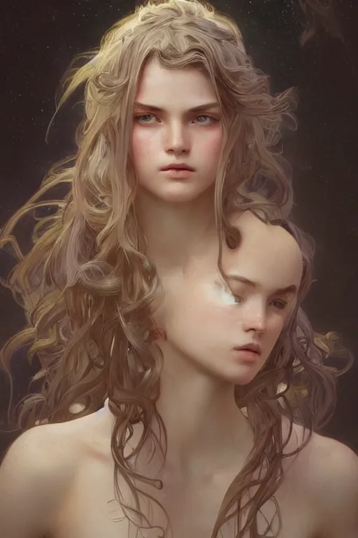 Image similar to portrait of a young teen model looking moved and touched, upper body, fantasy, intricate, elegant, highly detailed, digital painting, artstation, concept art, matte, sharp focus, illustration, art by Artgerm and Greg Rutkowski and Alphonse Mucha