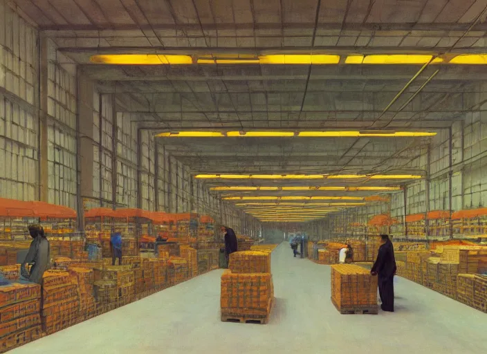 Image similar to inside a giant warehouse Amazon fulfillment center, people stacked on shelves in plastic bags Edward Hopper and James Gilleard, Zdzislaw Beksinski, highly detailed