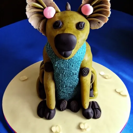 Prompt: cute hyena made of cake on top of birthday cake