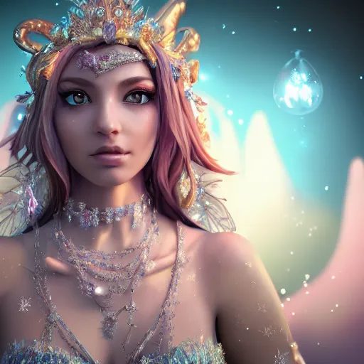 Image similar to portrait of fairy princess, glowing, ornate and intricate jewelry, jaw dropping beauty, glowing background lighting, white accent lighting, fairy tale, hyper detailed, 4 k octane render