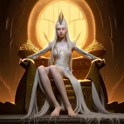Prompt: tall elven queen sitting on the throne, long white hair, pale skin, golden coloured eyes, stunning 3 d render inspired art by greg rutkowski and xiang duan and thomas eakes, realistic, highly detailed attributes and atmosphere, dim volumetric cinematic lighting, 8 k octane detailed render, post - processing, masterpiece,