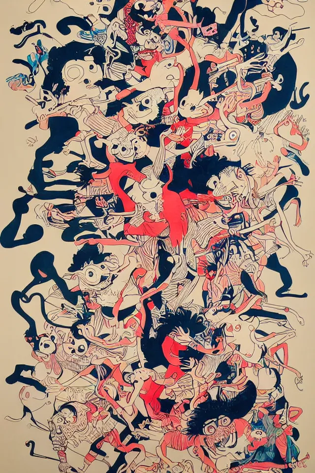 Prompt: painting animal puppet show head banging drummer 9 0 s music song groove is in the heart, we're going to dance and have some fun, painted by james jean in chinese style