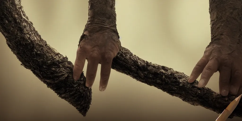 Prompt: a hand of a forest giant holding a tree trunk like a pencil, closeup, dirty nails, bridge to terabithia, fantasy, fog, digital art, studio lighting, deep colors