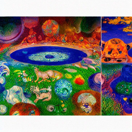 Image similar to bright glowing eldritch pond triangle dingo barrel horseradish baggage , by Pierre-Auguste Renoir and Marc Chagall and Evard Munch , voxel , panorama , lowbrow