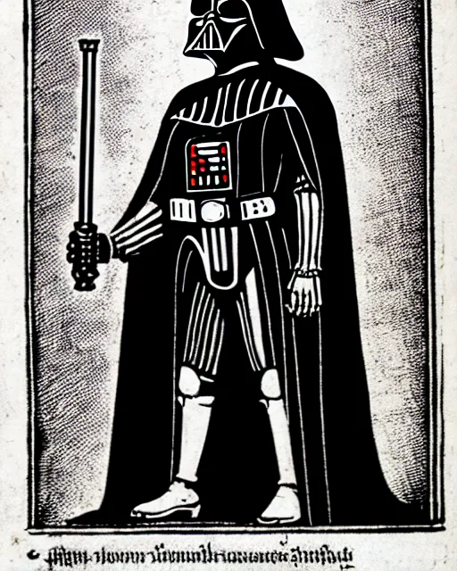 Prompt: b & w woodcut portrait of medieval darth vader from the nuremberg chronicle, 1 4 9 3, restored, hq scan