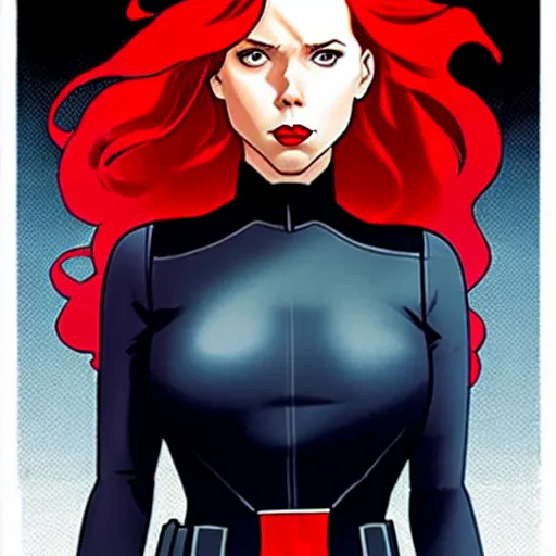 Image similar to phil noto comicbook cover art, black widow marvel, symmetrical eyes, long red hair, full body, city rooftop