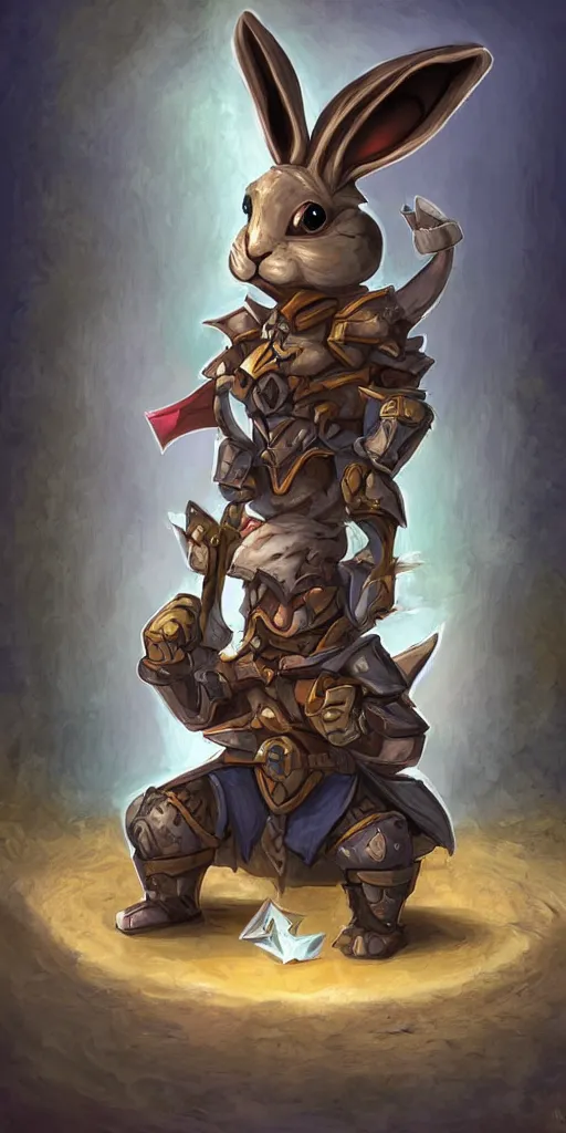 Image similar to Rabbit in Armor sitting in a dungeon, digital painting, hearthstone art