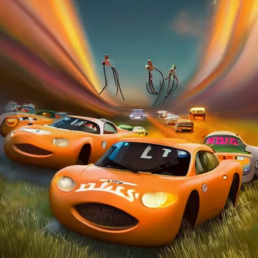 Prompt: A beautiful art installation. We are racers on an endless highway, driving at each other at high speeds, deciding whether or not to turn away at the last minute. Pixar's 'Up' by Andrea Kowch composed, balmy