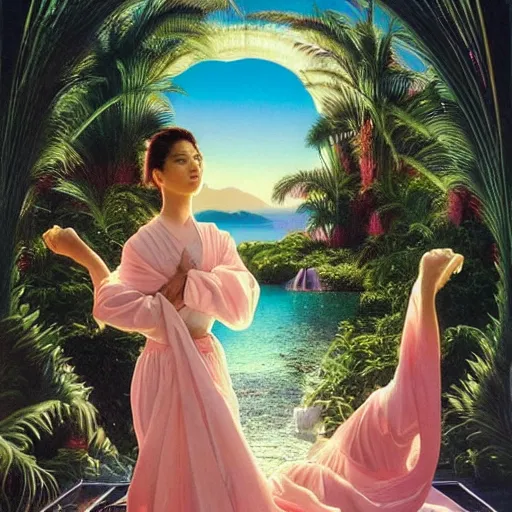 Image similar to masterpiece, hyperrealistic surrealism, award winning masterpiece with incredible details, epic stunning, infinity pool, a surreal vaporwave liminal space, highly detailed, trending on ArtStation, calming, meditative, pink arches, flowing silk sheets, palm trees, very vaporwave, very very surreal, sharp details, dreamscape, artgerm and greg rutkowski and alphonse mucha, daily deviation, IAMAG