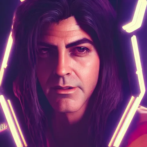 Image similar to young george clooney portrait, cyberpunk 2 0 7 7, cyberpunk jackie welles, photorealistic, ultra detailed, neon, octane, bokeh, cinematic lighting, cyber, cyberpunk city, studio quality, feature, scars, cyberface, 8 k