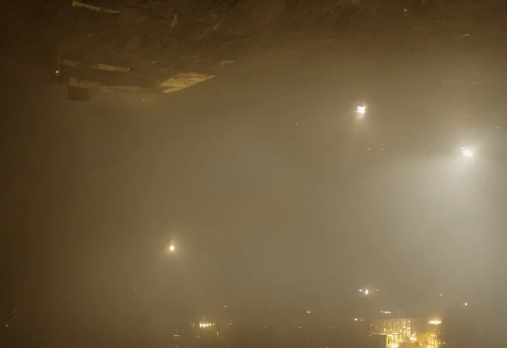 Prompt: looking up there is a city on a pit, night, in the ceiling there is fog, yellow light