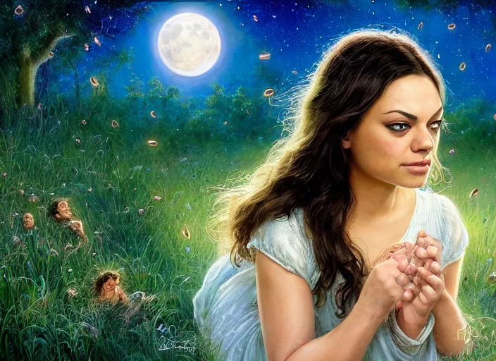 Image similar to Mila Kunis staring into the camera singing a lullaby, fireflies, full moon, Lilia Alvarado, Sophie Anderson, Mark Arian, Bob Byerley, Charlie Bowater, Mark Brooks, Steve Henderson, Justin Gerard, Arthur Hughes, Edward Robert Hughes, Mark Keathley, Victor Nizovtsev, Carlos Shwabe, Ross Tran, WLOP