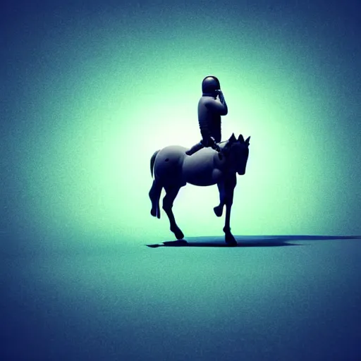 Image similar to an astronaut standing on the ground and a small trippy aggressive centaur standing on that poor standing on all - fours astronaut, trying to ride it the horse is on his shoulders minimalist style, 3 d render, isometry