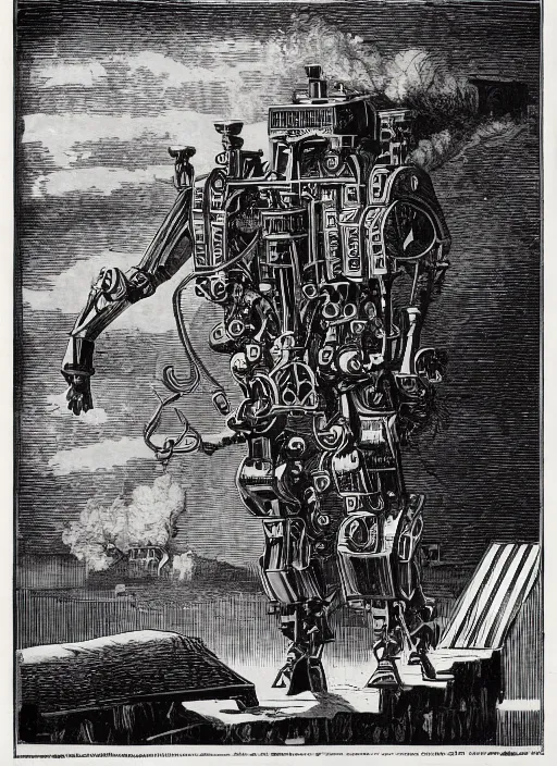 Image similar to 19th century wood-engraving of a steam powered bipedal mech, whole page illustration from Jules Verne book, art by Édouard Riou Jules Férat and Henri de Montaut, frontal portrait, high quality, beautiful, highly detailed, removed watermarks