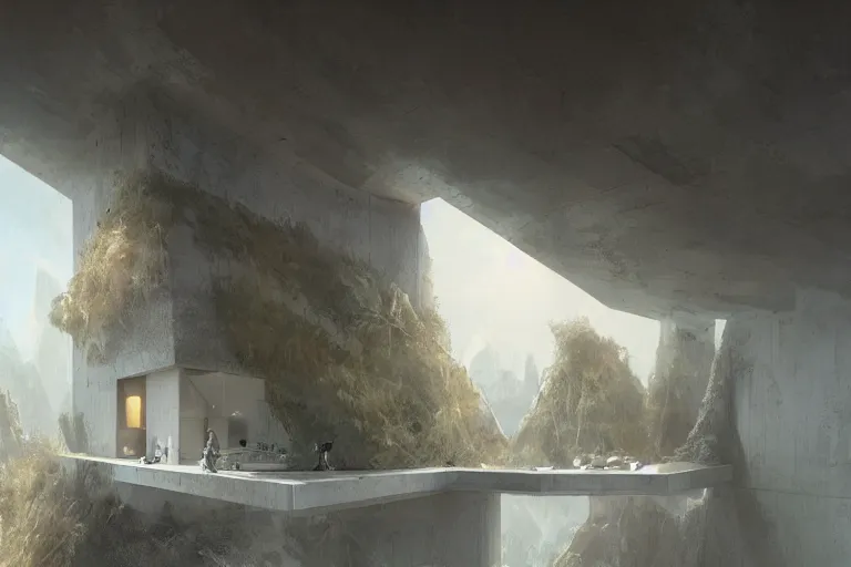 Image similar to brutalist futuristic white residence, pacific northwest, by Jessica Rossier and Brian Froud