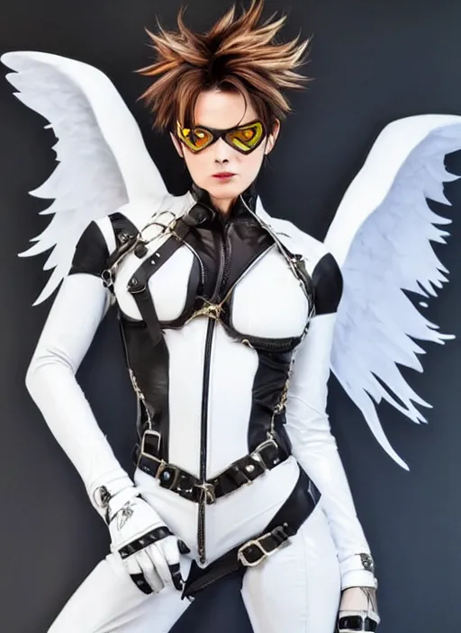 Image similar to portrait artwork of tracer overwatch, wearing white latex and leather straps catsuit outfit, in style of mark arian, angel wings, dramatic painting, wearing detailed leather collar, chains, black harness, detailed face and eyes,