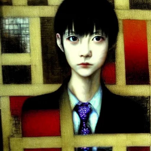 Image similar to yoshitaka amano blurred and dreamy realistic three quarter angle portrait of a young woman with short hair and black eyes wearing office suit with tie, junji ito abstract patterns in the background, satoshi kon anime, noisy film grain effect, highly detailed, renaissance oil painting, weird portrait angle, blurred lost edges