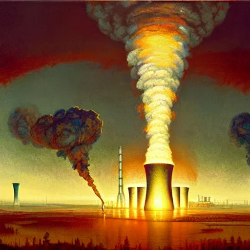 Prompt: A nuclear power plant in utopia by Simon Stålenhag and J.M.W. Turner, oil on canvas; Nuclear Fallout, Art Directio by Adam Adamowicz