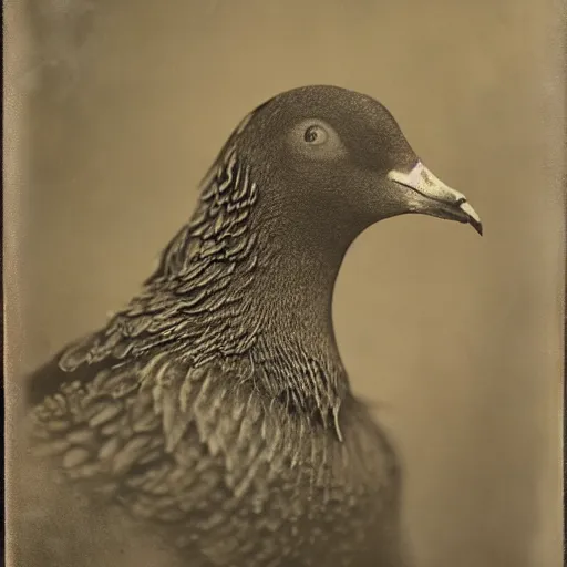 Prompt: ambrotype portrait of bedraggled pigeon - wolf creature wearing rain coat, 3 5 mm, f 2. 8, shallow depth of field, hand - tinted