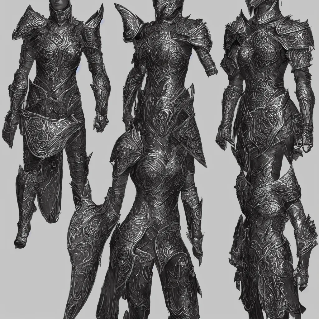 Image similar to concept layout of 3 d rendered suit of decorative female armor, filigree, lord of the rings, elder scrolls, detailed, art station, unreal engine