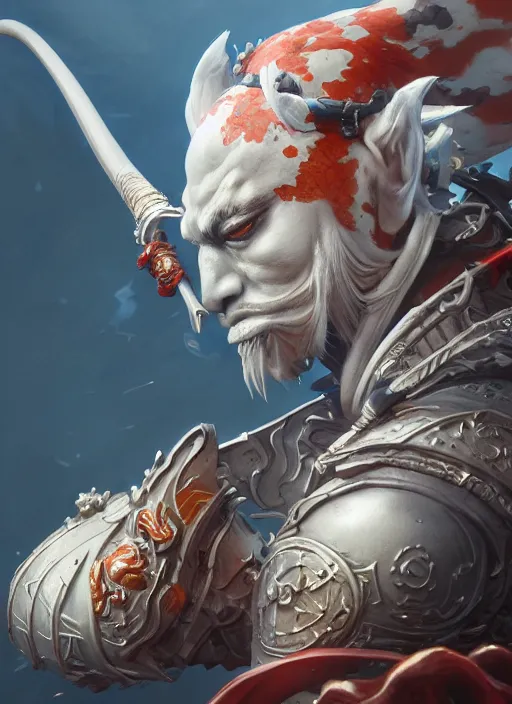 Image similar to subsurface scattering, white, koi, samurai deity with koi armor, octane render, by jesper ejsing, james jean, justin gerard, tomasz alen kopera, cgsociety and fenghua zhong, highly detailed, rim light, cinematic lighting, art, very coherent, cinematic, hyper realism, high detail, 8 k