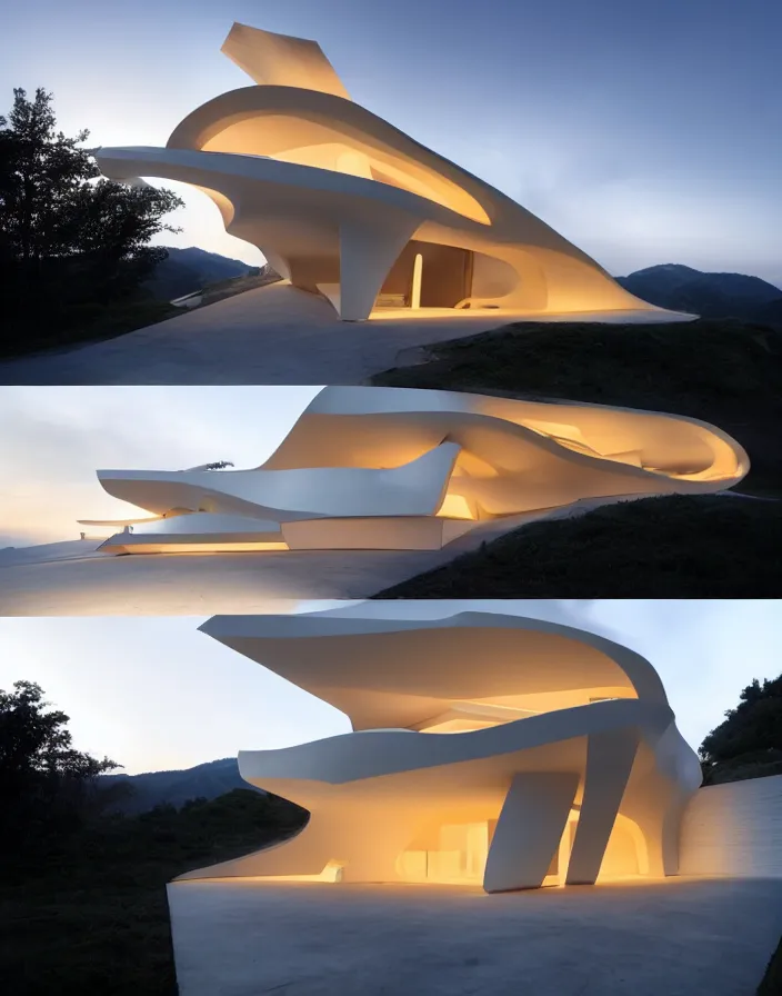 Prompt: zaha hadid 3 d construction printed house on the mountain, soft light, streetscapes stunning volumetric lighting sunset