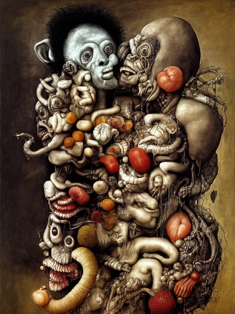 Prompt: a boy like eraserhead and elephant man sitting in a tub full of whipped cream, looking straight into camera, screaming in desperation, by giuseppe arcimboldo and ambrosius benson, renaissance, fruit, intricate and intense oil paint, a touch of beksinski and hr giger and edward munch, realistic, rules of composition, headspace