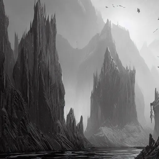 Image similar to symmetrical fantasy landscape, line art by greg rutkowski, b & w