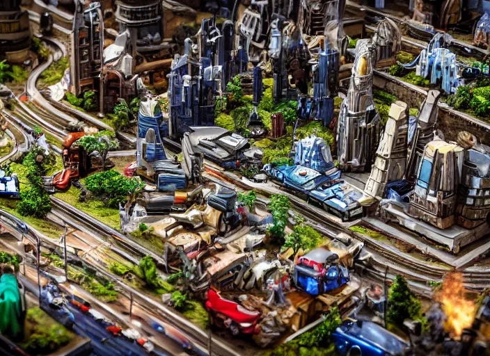 Image similar to a photo of a grand scale diorama with sci - fi vehicles and buildings and characters, macro photography