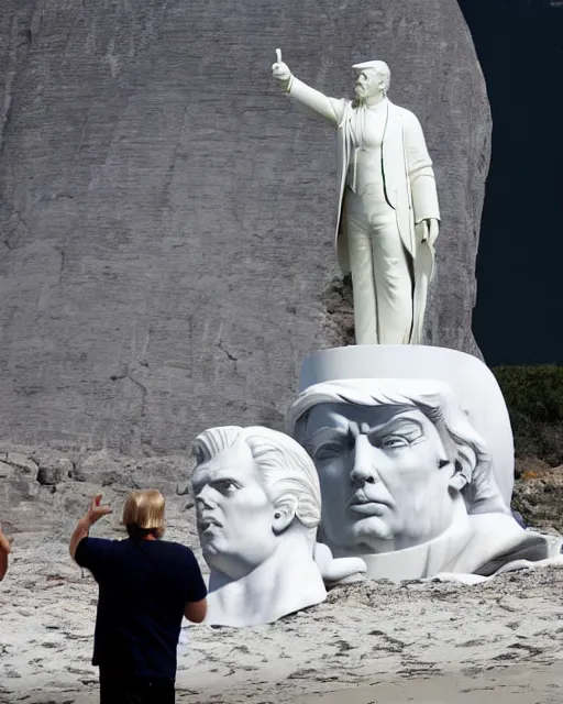 Image similar to a gigantic 400 foot tall white marble statue of president Donald trump giving his thumbs up sign, dwarfs onlookers on a beach, cinematic, post apocalyptic