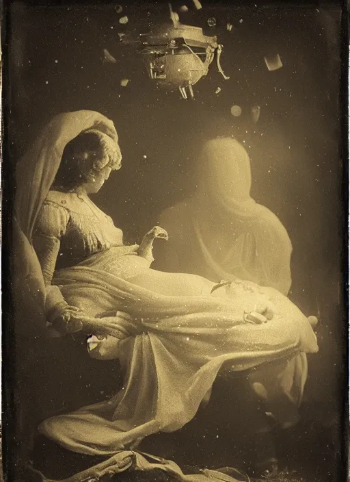 Prompt: old wetplate daguerreotype portrait of the birth of napoleon, explosion of data fragments, fractal, intricate, elegant, highly detailed, parallax, leica, medium format, subsurface scattering, by jheronimus bosch and greg rutkowski and louis jacques mande daguerre