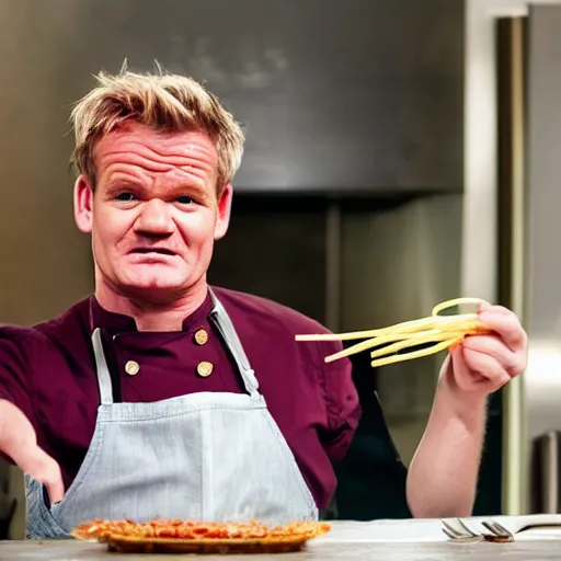 Image similar to <photo hd>Gordon Ramsey yells while eating spaghetti with his hands</photo>