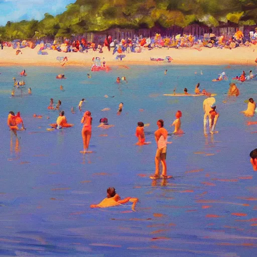 Image similar to Hot sunny beach seeing lots of people swimming and paddling in the sea, painted in a loose painterly style